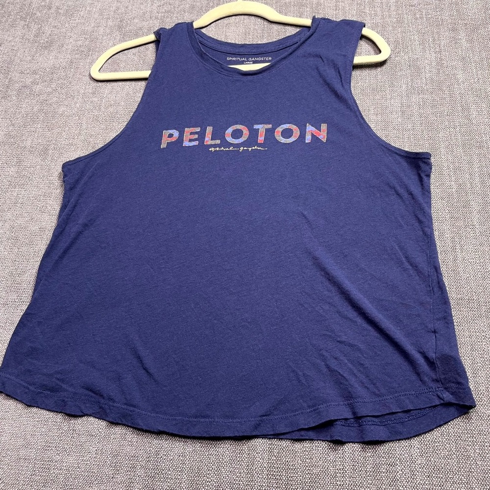 Peloton Spiritual Gangster Tank Top Womens Large Navy Blue Workout Metallic Logo